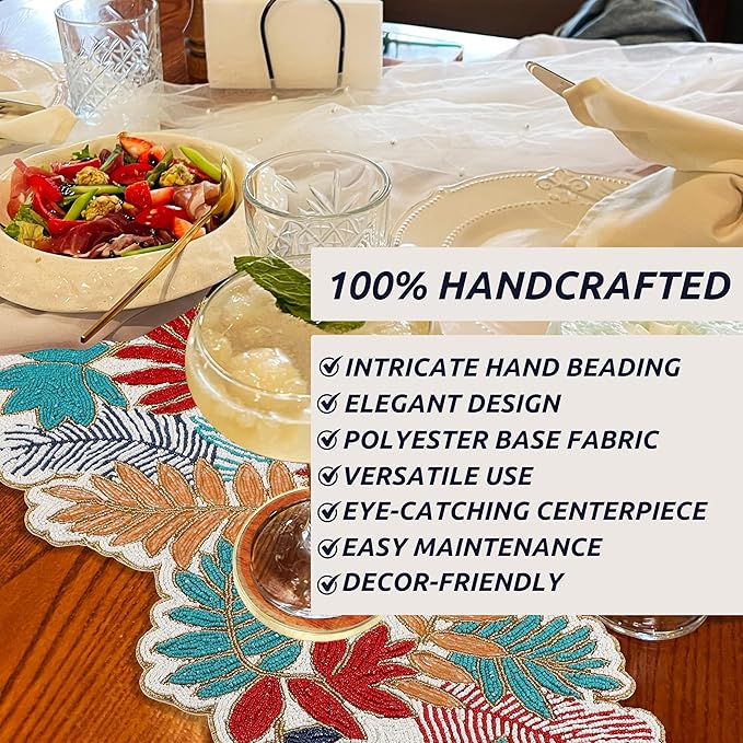 Beaded Table Runner 13x36 - Handmade Leaf Design, Glass Beads & Polyester Backing - Decorative Dining Table Centerpiece for Weddings, Parties, Thanksgiving, Christmas & Everyday Décor - CLEENTABLE