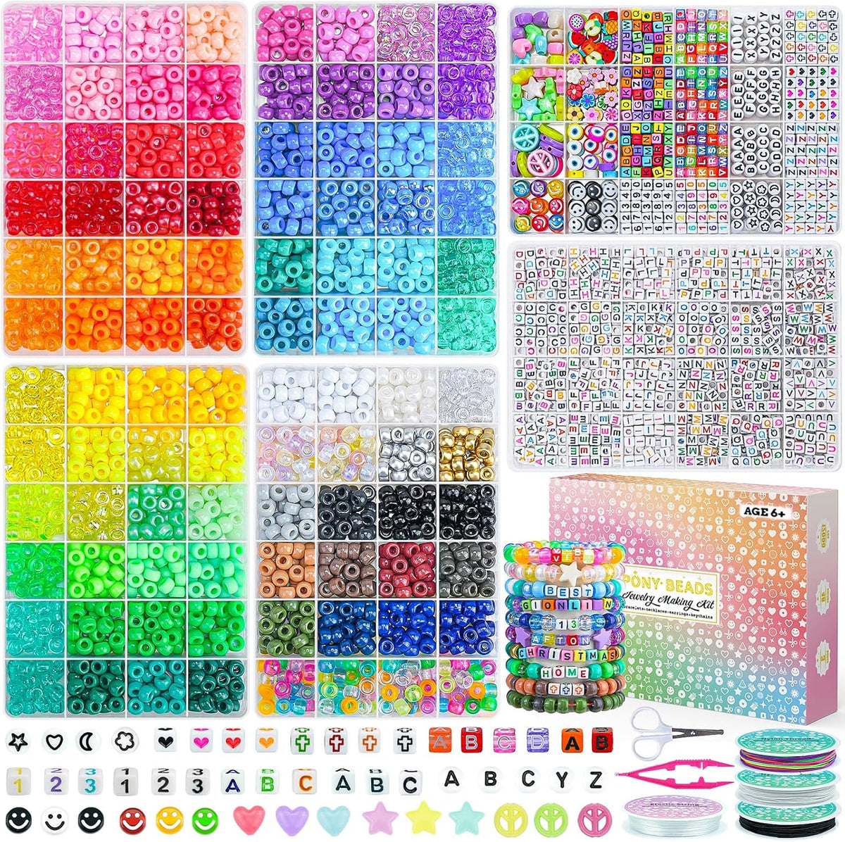 pony beads bracelet making kit, 6 boxes with shown in use