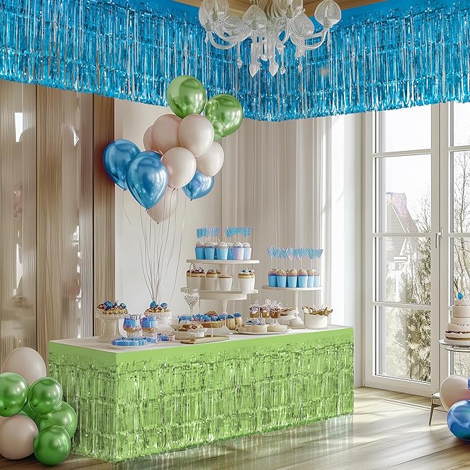 2 Pack Lake Blue Lime Green Table Skirts, 29x108" Metallic Foil Tinsel Fringe Table Skirt for Rectangle Tables Streamer Curtains Backdrop, Party Decorations for Birthdays, Weddings, Holidays