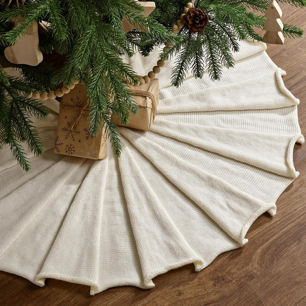36 inch Christmas Tree Skirt: Pencil Tree Skirt for 6ft Tree, Pleated Design Knit Cream White Small Tree Skirt, Vintage Tree Skirts, Rustic Farmhouse Christmas Decorations