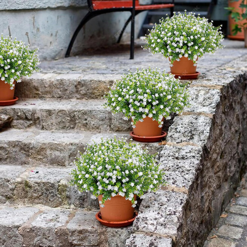 white artificial flowers outdoor uv resistant for planters showing dimensions