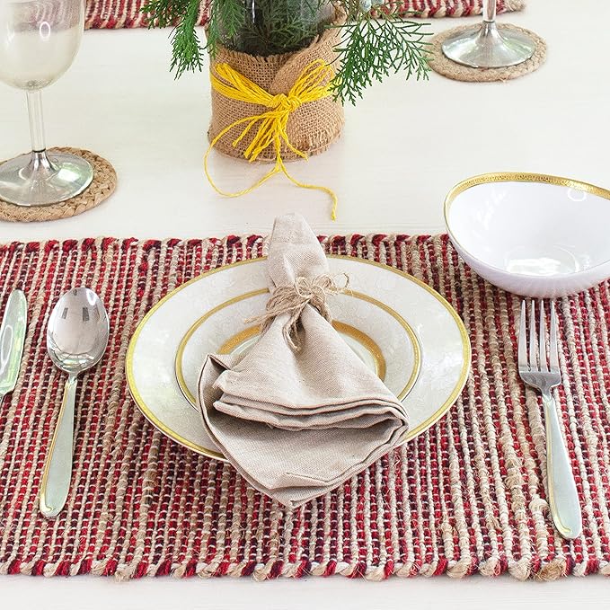 Chardin Home Natural Jute & Red Placemats, Set of 4 – Rustic Handmade Boho Table Mats, 13x19 Inch Dining Table Placemats for Kitchen, Everyday Meals, Holidays, Farmhouse or Modern Table Décor