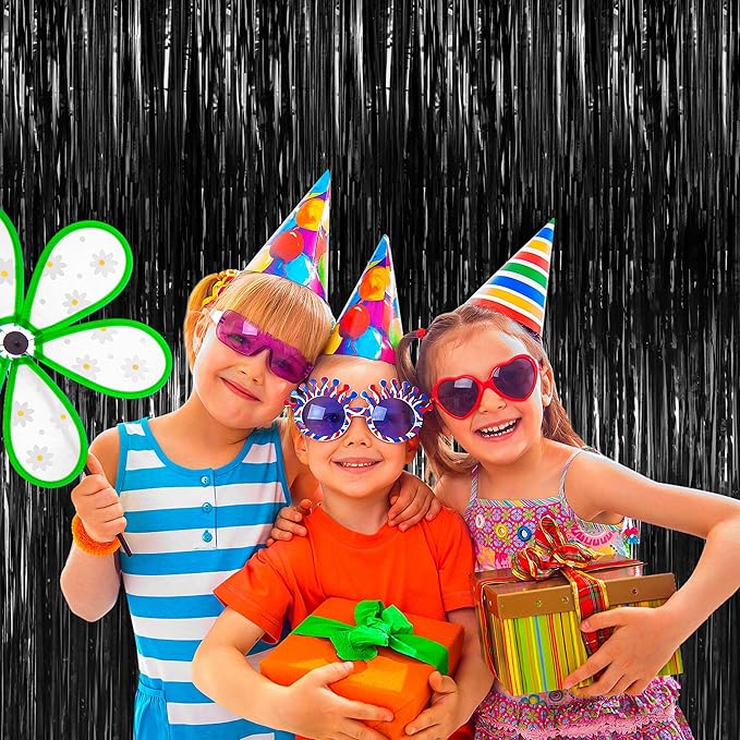 BTSD-home 4 Pack Black Foil Fringe Curtain Backdrop Metallic Photo Booth Backdrop Tinsel Curtains for Bachelorette Birthday Bridal Shower Party Decorations(3ft x 8ft)