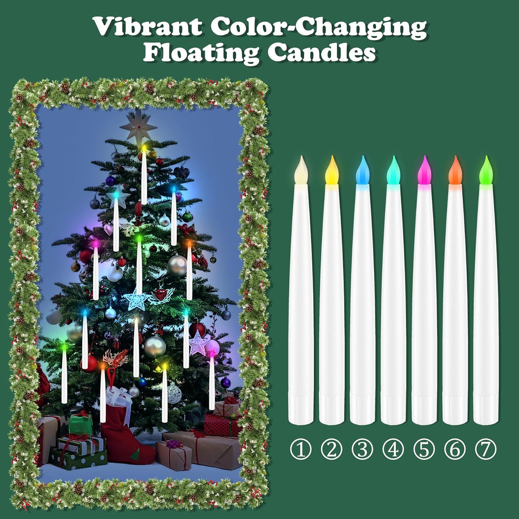 Color Changing Floating Candles with Magic Wand Remote, Holiday Decorations Magical Hanging Candles, 12Pcs Flameless Taper Candle with Multi-Color Battery Operated Window Candles for Party Theme Decor