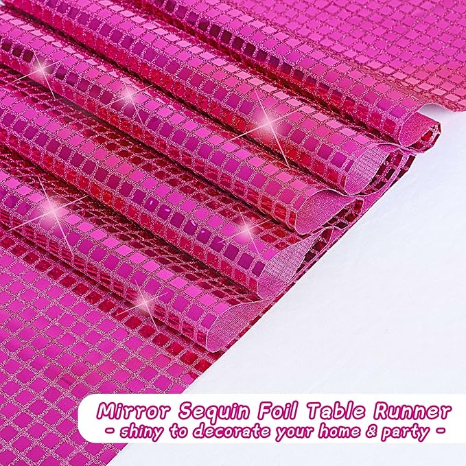Durony 4 Pack Disco Table Runner 11 x 108 Inch Mirror Hot Pink Glitter Foil With Sparkle Sequin for Bachelorette, 70s, Cowgirl Party Decorations