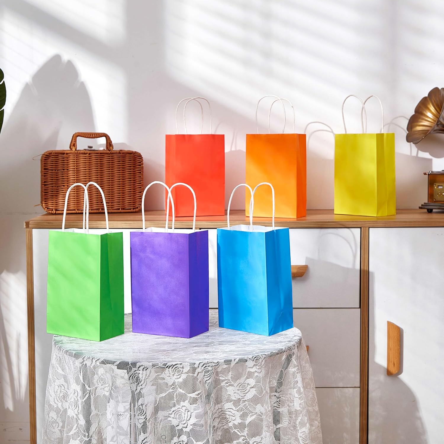 SUNCOLOR 24-Pack Rainbow Gift Bags with Handles, 8" Multi-Color Paper Party Favor Bags for Goodies. Birthdays, Events, Classrooms & Celebrations