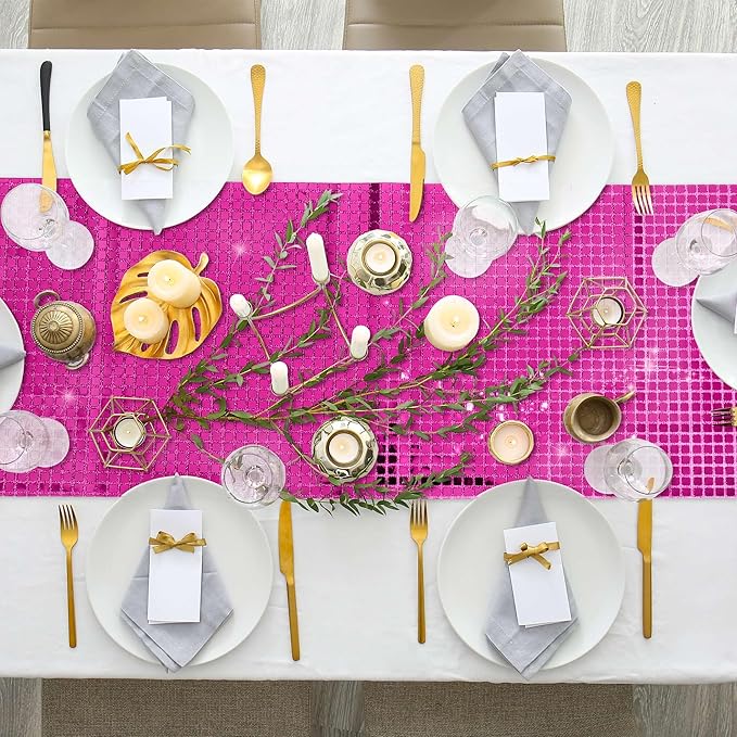 Durony 6 Pack Disco Table Runner 11 x 108 Inch Mirror Hot Pink Glitter Foil With Sparkle Sequin for Bachelorette, 70s, Cowgirl Party Decorations