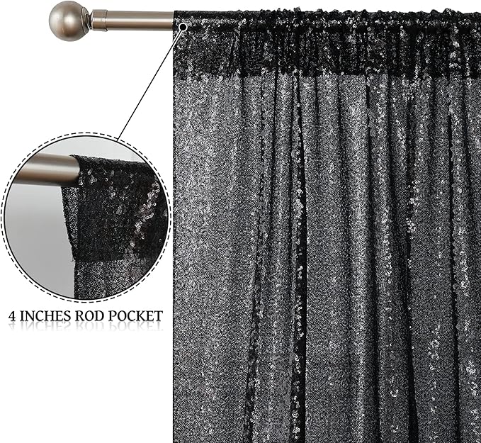 Sugargirl Halloween Black Sequin Backdrop Curtain 4 Panels 2FTx8FT Glitter Black Background Drapes Sparkle Photography Backdrop for Party Wedding Birthday Wall Decoration