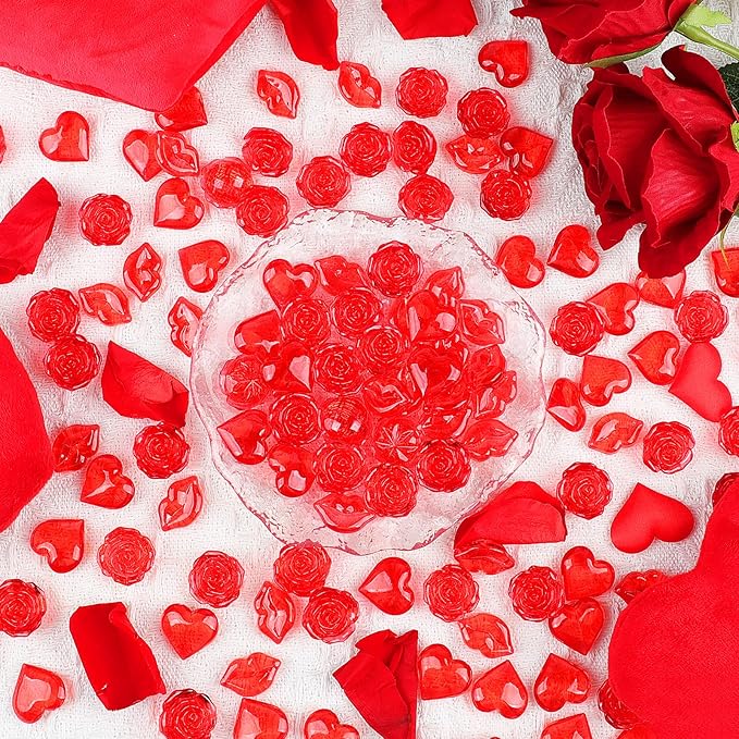 Fangoo 180PCS Red Acrylic Heart Ornaments Mini Acrylic Heart Rose Flower Lips Gems for Valentine Vase Filler Decor for Table Scatter Engagement Valentine's Day Wedding Anniversary Party（Red 12oz）