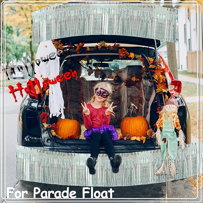 4 Pack Each 10 Feet Glitter Silver Parade Float Decorations for Trailer Car, Glitter Foil Fringe Metallic Tinsel Streamers Banner Garland for Graduation Weeding Homecoming Birthday(Glitter-Silver)
