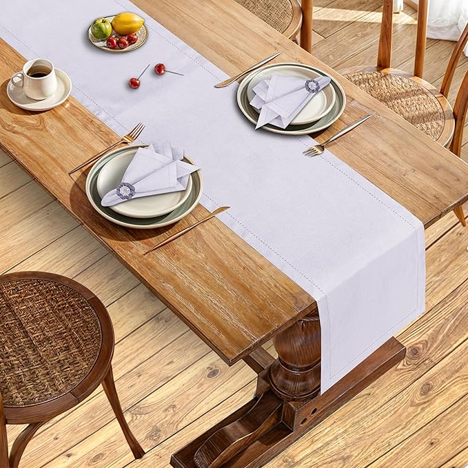 Ruvanti Linen Table Runner 108 Inches, Classic Hemstitch, Washable, Reusable, Non-Slipping, Stain Resistant- Perfect for Parties, Weddings, dinners, Thanksgiving, Christmas, Indoor use – Lavender Grey