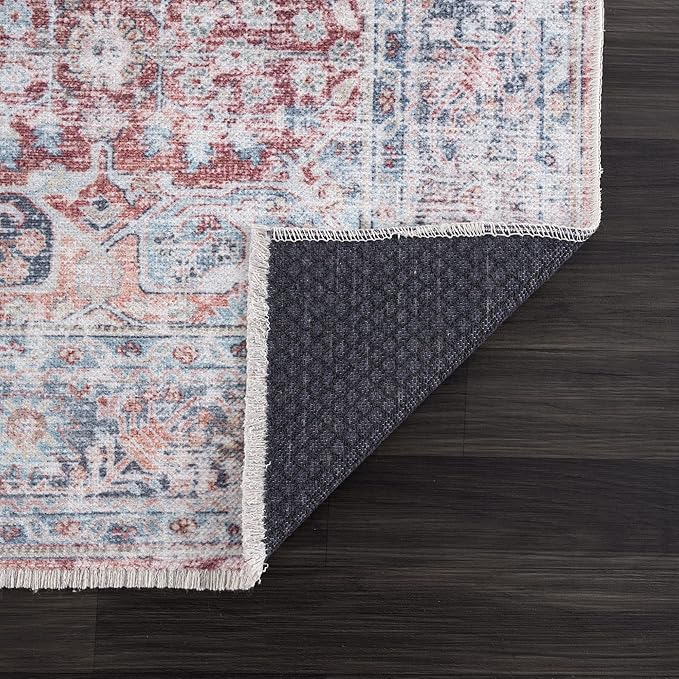 Bloom Rugs Washable Non-Slip 2x3 Rug - Brick/Dark Blue Traditional Oriental Area Rug for Living Room, Bedroom, Dining Room, and Kitchen - Exact Size: 2' x 3'