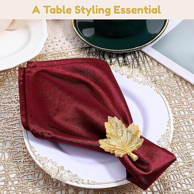 Set of 12 Maple Leaf Napkin Rings - Handcrafted Aluminum Napkin Holders for Cloth & Paper Napkins, Elegant Table Décor for Weddings, Thanksgiving, Christmas & Holiday Parties (Gold) - CLEENTABLE
