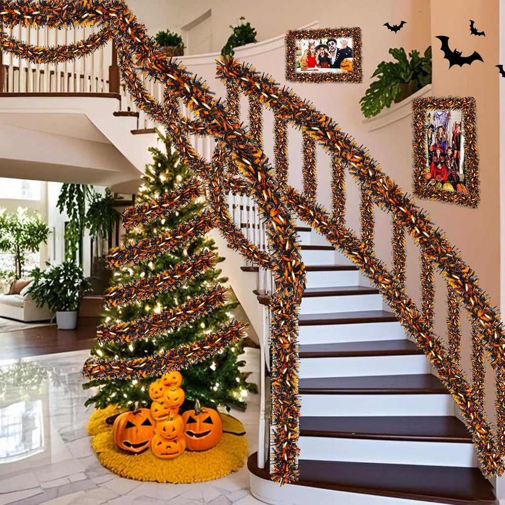 Halloween Decorations, 50FT Halloween Tinsel Garland Shiny Orange Black Metallic Twist Hanging Garland for Indoor Outdoor Home Tree Stairs Party Decorations