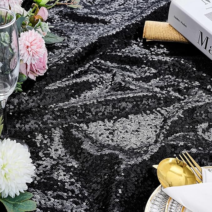 QueenDream Black Party Decorations Sequin Tablecloth: Glitter Overlay 90x90 Inch Table Drapes for Banquet Wedding Theme Party Planners