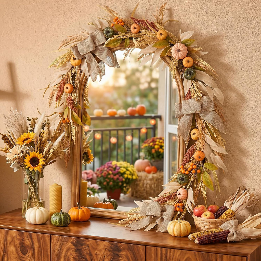 decorbyhannah 6ft fall garland for mantle with lights, front angle view
