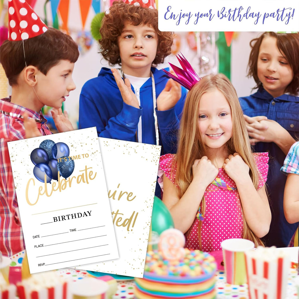 Blue Balloons Birthday Party Invitations For Boys Girls - Let's Celebrate - 20 Double-Sided Fill In Style Invite Cards With Envelopes - Birthday Party Favor & Decorations - B06