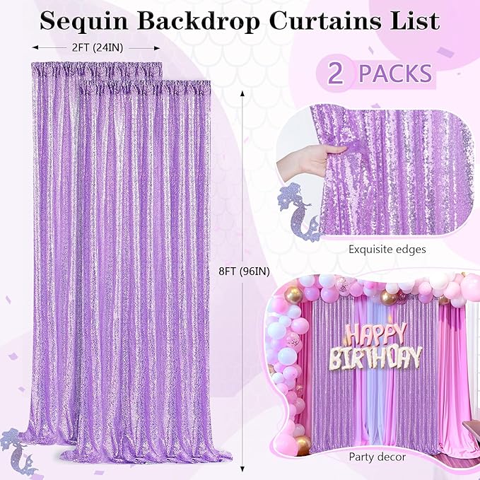 Light Purple Sequin Backdrop Curtains 2 Panels 2FTx8FT Photo Backdrop Glitter Birthday Party Curtains