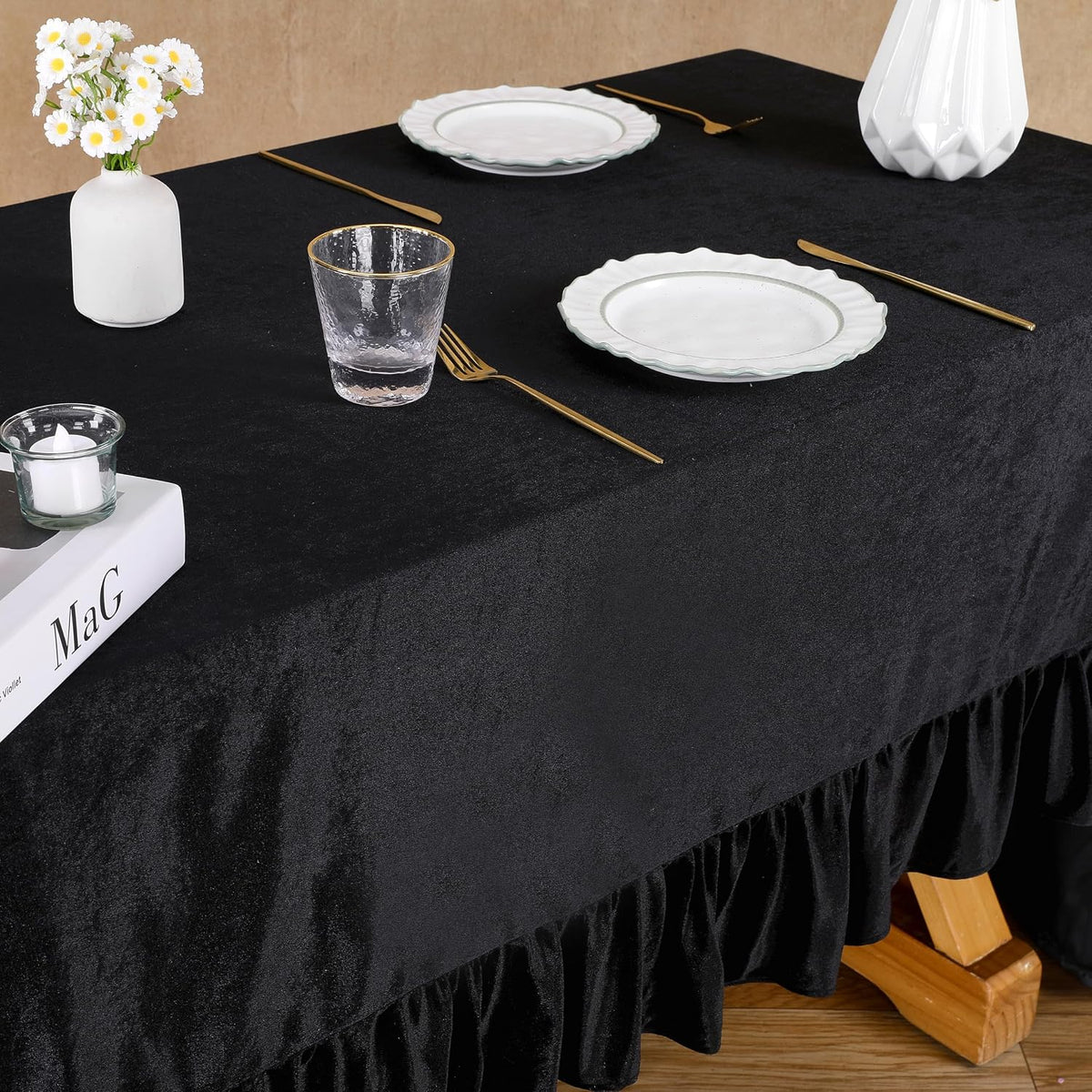 Black Velvet Tablecloth 60x120 Inch Solid Retro Ruffle Table Cloth