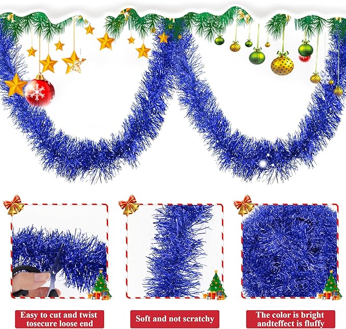 32.8 Ft Blue Christmas Tinsel Garland Metallic Shiny Tassle Banner Wall Hanging Tinsel Streamers Backdrop for Christmas Holiday Birthday Party Supplies Indoor Outdoor Ornaments Home Decor