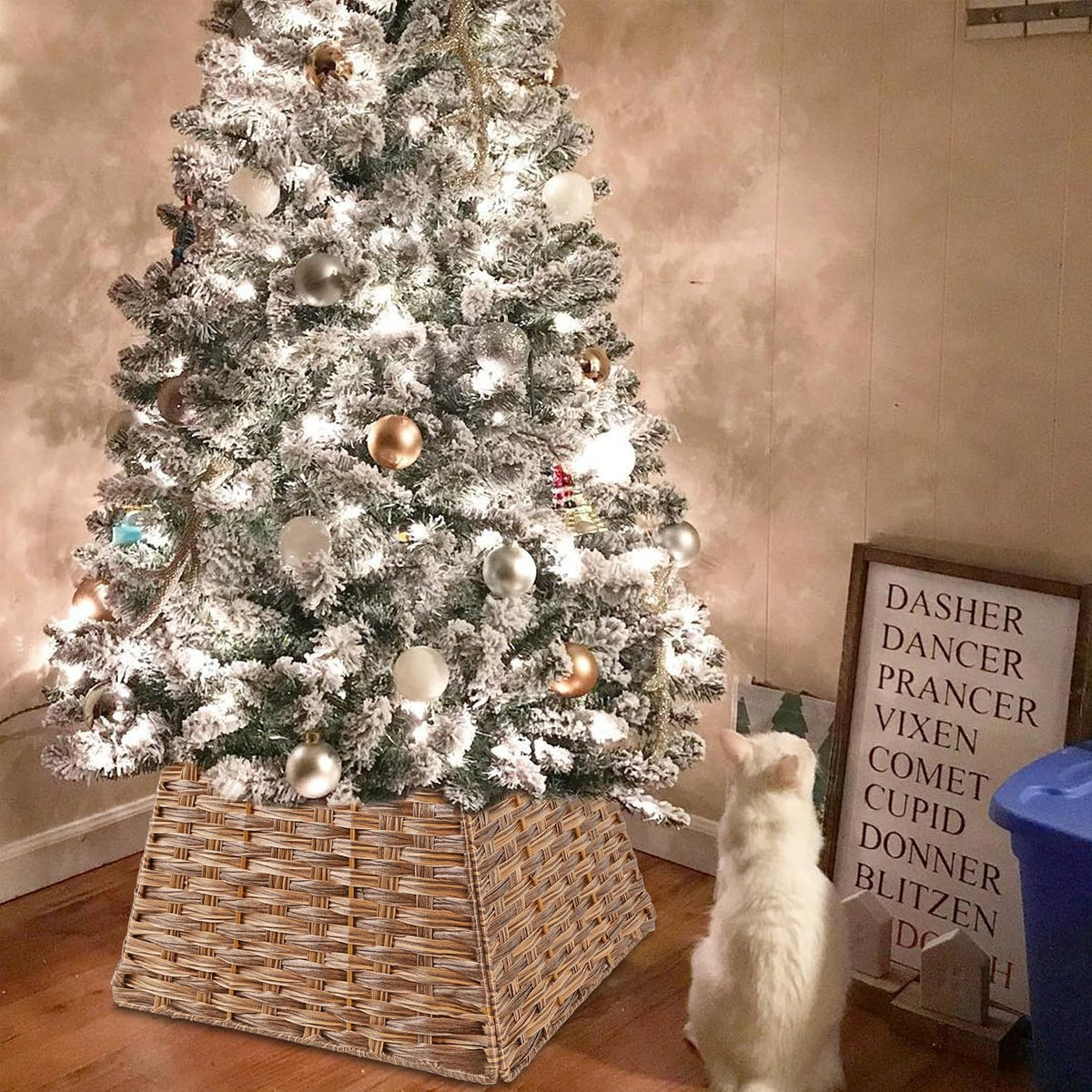 blissun christmas tree collar, plastic rattan xmas tree showing dimensions