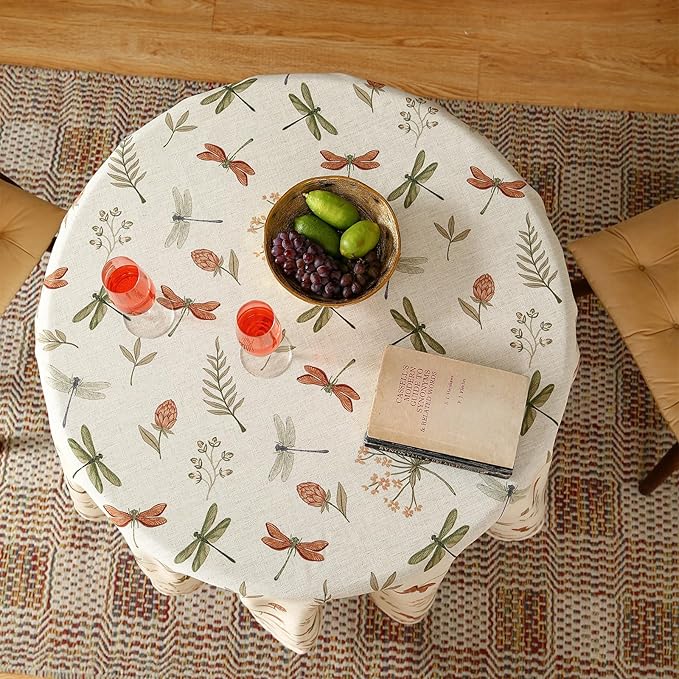 ISAENNE Designer Floral Linen Round Tablecloth,French Off White Elegant Table Cloth,Fall Washable Home Decor Tablecloths for Dining Thanksgiving Kitchen Christmas Party,Diameter 67"-Grace B
