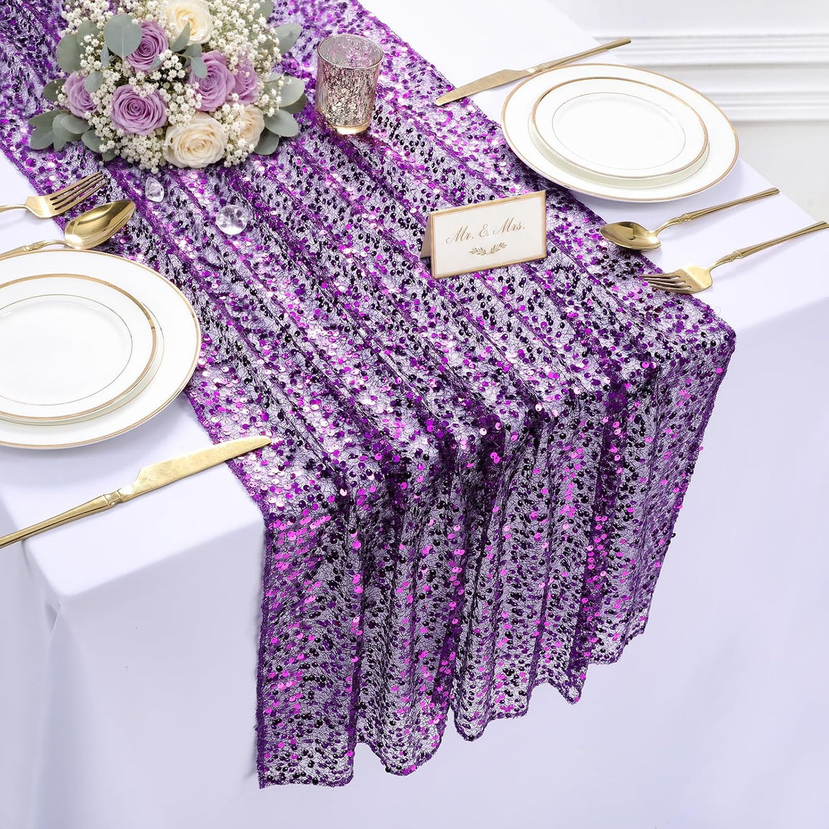 2 Pack Sequin Table Runner 120inch 10FT Rectangle Purple Party Table Runner