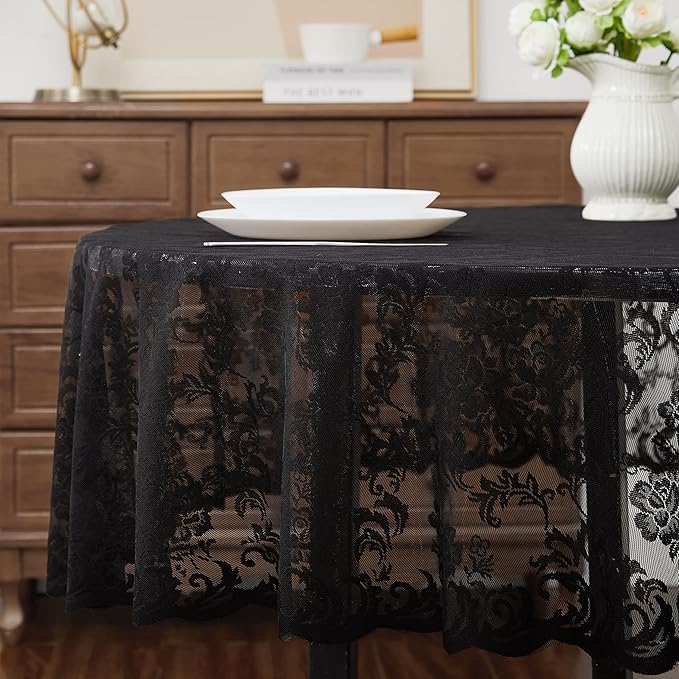 LinenZone Black Oval Tablecloth for Rustic Vintage Decor. Sheer Lace Tablecloth Works Great As Wedding Tablecloth, Thanksgiving Tablecloth or Christmas Tablecloth (Mia Oval 72, Black)