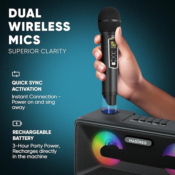 MASINGO Karaoke Machine for Adults and Kids with 2 Wireless Microphones, Portable Bluetooth Singing Speaker, Colorful LED Lights, PA System, Lyrics Display Holder, and TV Cable. Presto G2