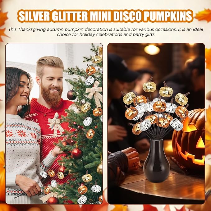 20Pcs Disco Halloween Decor, Disco Pumpkin Table Decoration, 14 Inch Artificial Glitter Mirror Pumpkin Sticks Ornament Halloween Thanksgiving Branches for Table Centerpiece Party Decor
