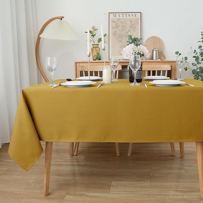 Biscaynebay Textured Fabric Rectangle Christmas Tablecloths 70x120 Inch, Gold Water Resistant Tablecloths for Dining, Kitchen, Wedding, Parties etc. Machine Washable