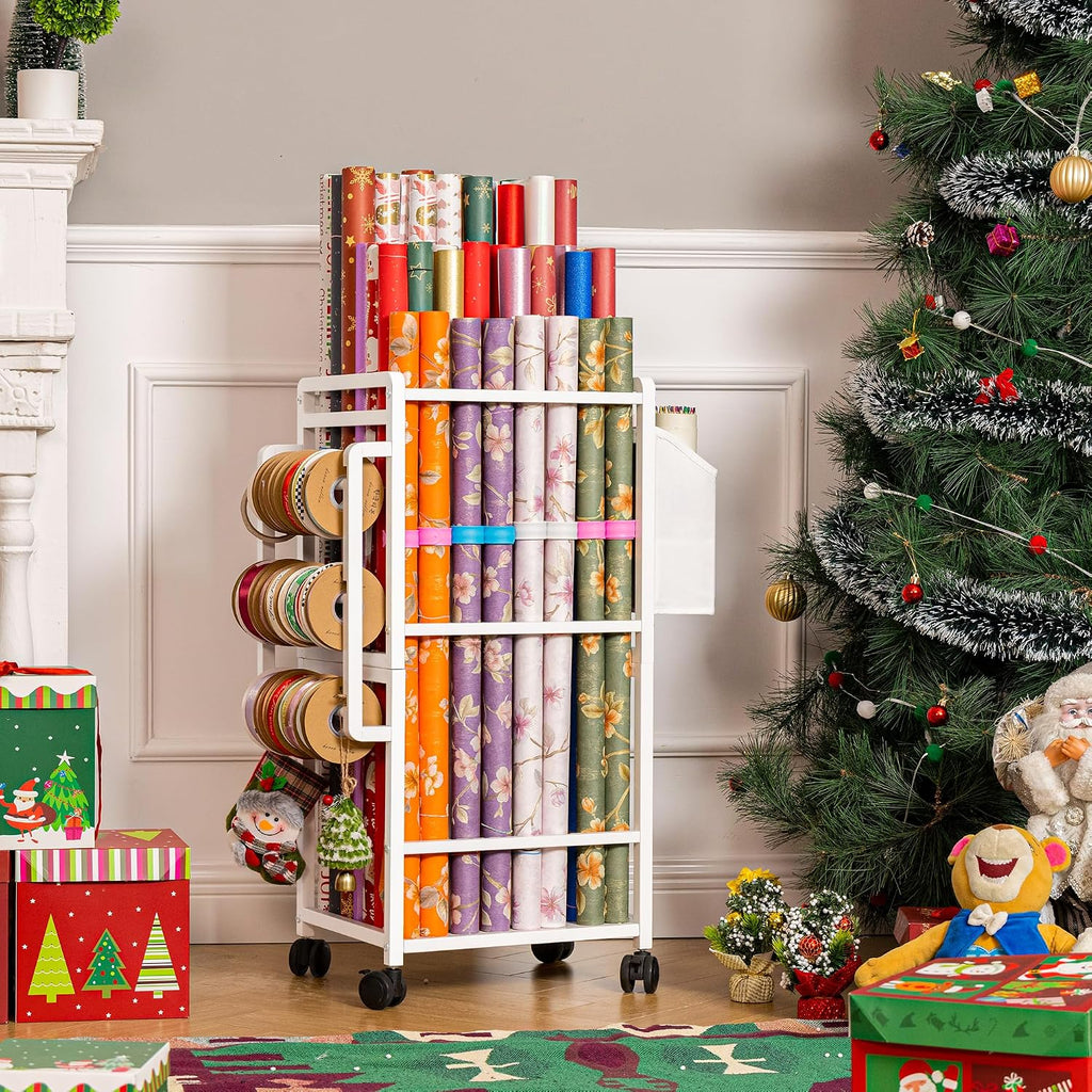 Aquzee Gift Wrapping Paper Organizer Storage, Rolling Gift Wrap Storage Stand, Vertical Wrapping Paper Storage Cart, Ribbon Organizers, 12 PCS Slap Bracelets, Adjustable Rod Design, White