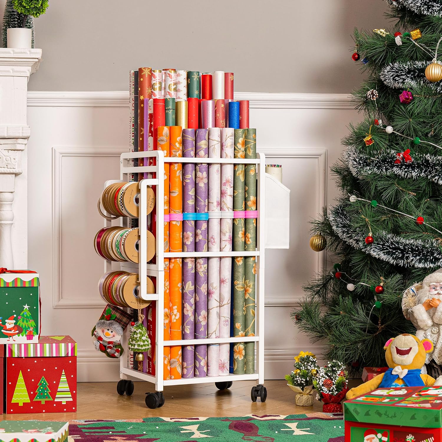 Aquzee Gift Wrapping Paper Organizer Storage, Rolling Gift Wrap Storage Stand, Vertical Wrapping Paper Storage Cart, Ribbon Organizers, 12 PCS Slap Bracelets, Adjustable Rod Design, White