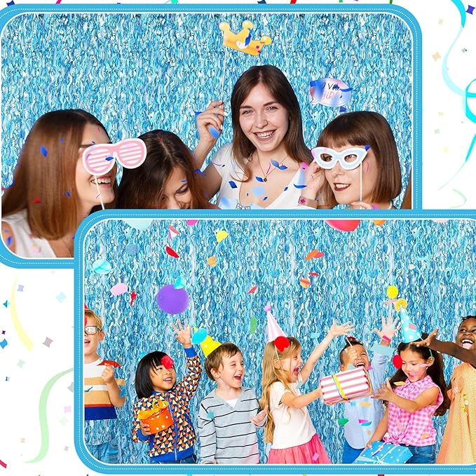 Jutom 6 Pieces 3.3 x 6.6 ft Wavy Tinsel Foil Fringe Curtains Foil Fringe Streamer Backdrop Party Curtain for Sea Mermaid Baby Shower Birthday Party Decoration(Light Blue)