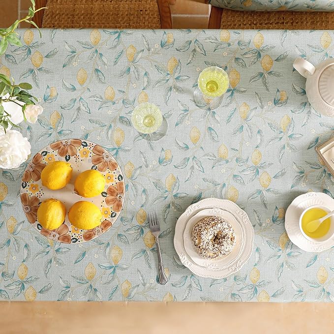 patdrea Designer Linen Green Tablecloth for Rectangle Table,Vintage Breathable Yellow Fruits Pattern Table Cloth,Decoration Cover for Kitchen Dining,Christmas,Thanksgiving,Party,63"x87"-Ania a