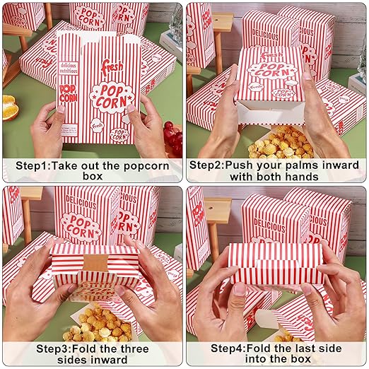 Dualshine 200 Pack Popcorn Boxes,1.25 oz Paper Popcorn Containers,Red and White Striped Close-Top Cardboard Pop Corners Bags Individual Servings for Theater Night Movie,Party,Christmas