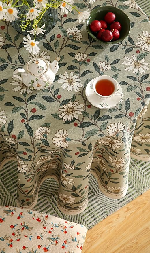 ISAENNE Designer Green Linen Small Round Tablecloth,Floral French Country Indoor Table Cloth,Stain Resistant Home Decor Tablecloths for Dining Kitchen Thanksgiving Party,Diameter 55"-Brune