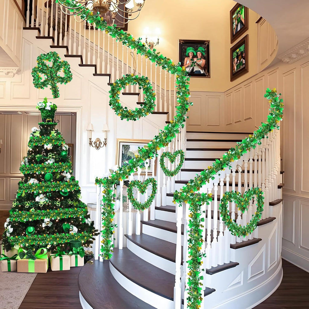 33 FT St Patricks Day Garland Decor Gold Green Shamrock Hat Tinsel Garland, Shiny Metallic Streamer Twist Garland Hanging St Patricks Day Decorations for Home Indoor Outdoor Irish Party Supplies