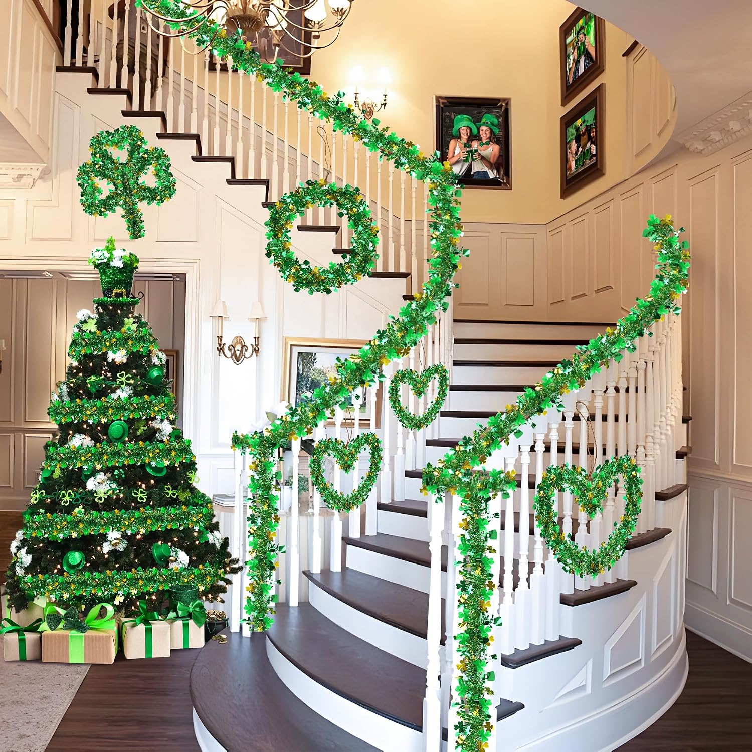 33 FT St Patricks Day Garland Decor Gold Green Shamrock Hat Tinsel Garland, Shiny Metallic Streamer Twist Garland Hanging St Patricks Day Decorations for Home Indoor Outdoor Irish Party Supplies