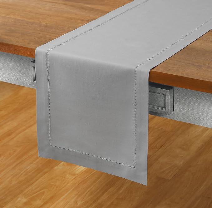 Solino Home Light Grey Table Runner 108 Inches Long - Cotton Linen Hemstitch 14 x 108 Inch Table Runner for Dining, Fall, Autumn, Thanksgiving, Holiday