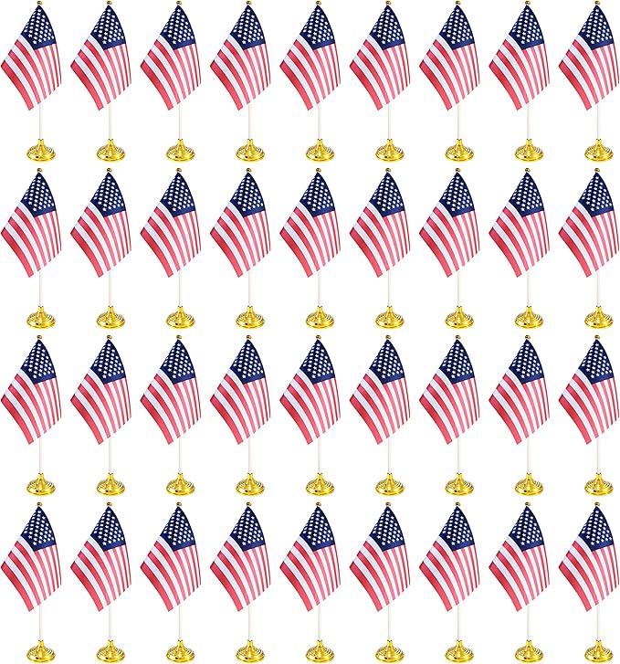 36 Pack USA US Desk Flags,Small Mini American Deluxe Table Flags Set with Stand Base，8.2 x 5.5 inches Miniature Desktop Flag