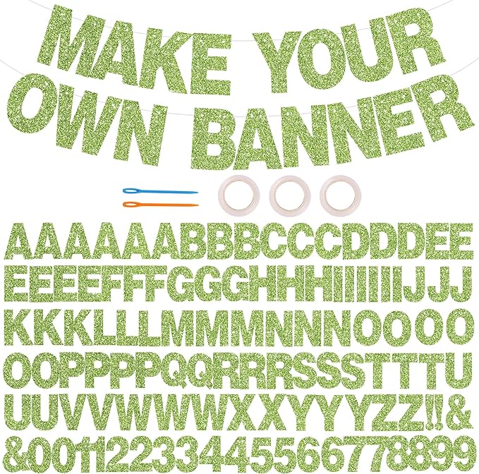 BEISHIDA 116 PCS Glitter Grass green DIY Letter Banner Kit Make Your Own Banner，Including 111 Letters and Numbers 3 Rope and 9 Threading Device,Customized for Birthday Graduation Wedding Party Decor