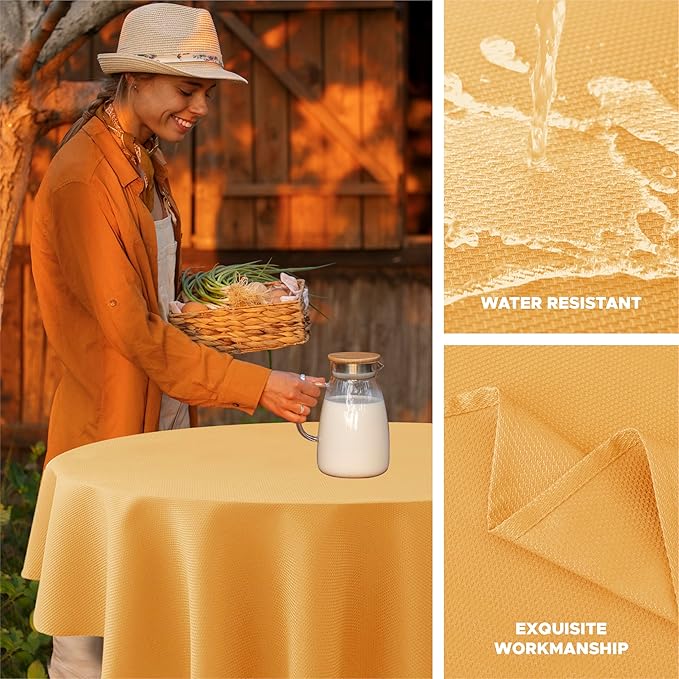 Biscaynebay Fall Tablecloth Textured Fabric Round Tablecloths 90", Fall Gold Thanksgiving Autumn Harvest Water Resistant Fabric Tablecloths for Kitchen, Dining, Wedding, Parties Machine Washable