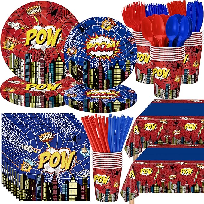 452 Pcs Spider Themed Birthday Party Supplies for 50 Guests, Hero Theme Paper Plates Napkins Cups Tablecloth Cutlery Straws Tableware for Red Blue Halloween Birthday Party Decorations
