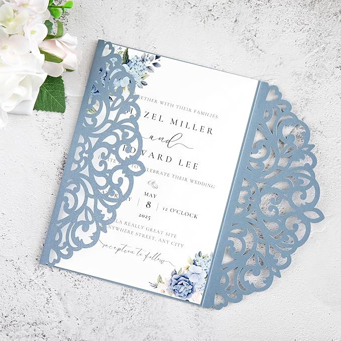 20Pcs Dusty Blue Laser Cut Invitation Cards With Blank Inner Sheets for Wedding Cards Bridal Shower Engagement Quinceanera Invitation (No Envelopes)