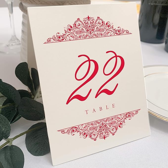 Paisley Wedding Table Numbers (Select Color/Quantity), Champagne, Ruby Red, 1-65, Double Sided, Tent or Use in a Stand, Great for Parties & Restaurants - Made in the USA