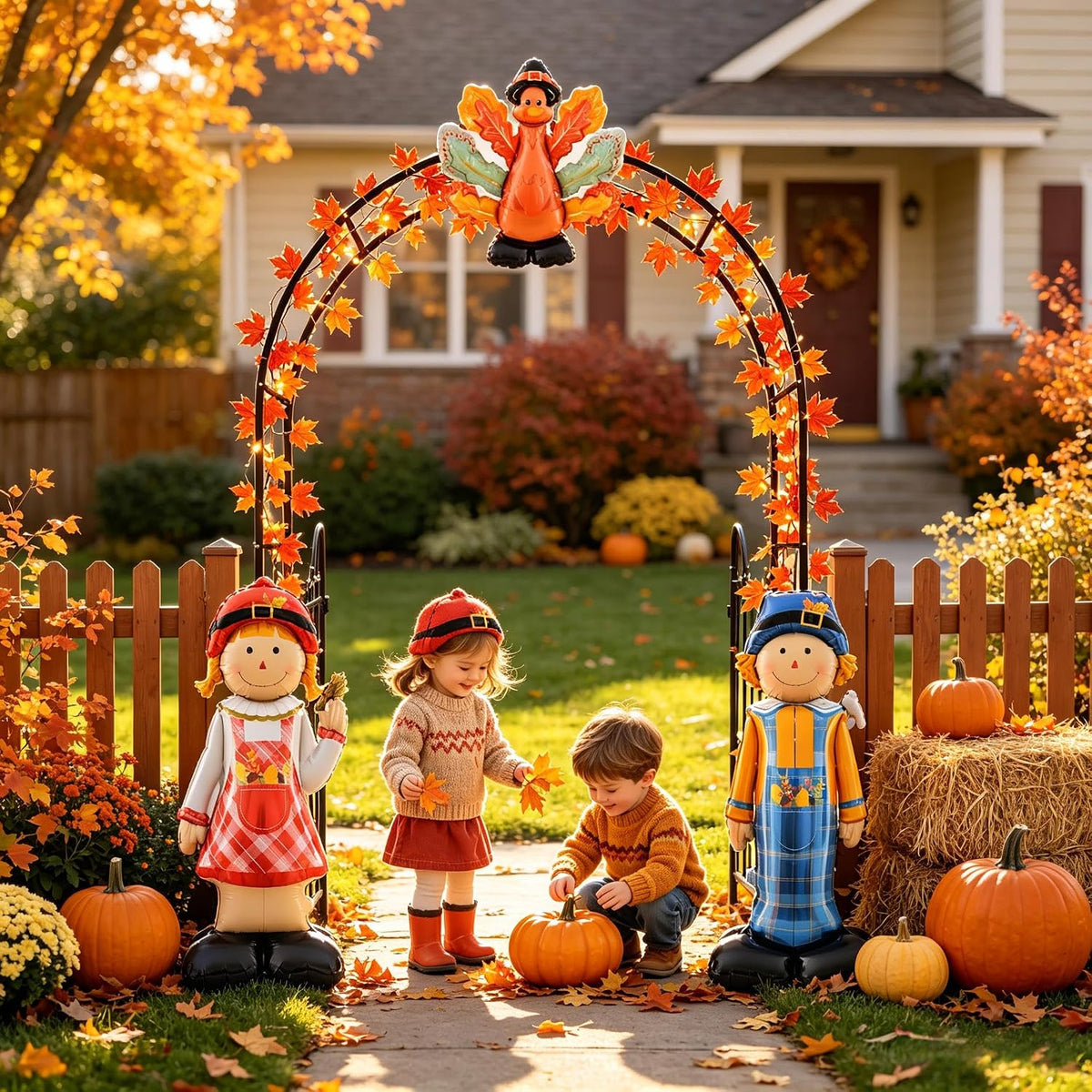 Metal Fall Thanksgiving Archway Outdoor Decoration, Arch Balloon Leaf Light