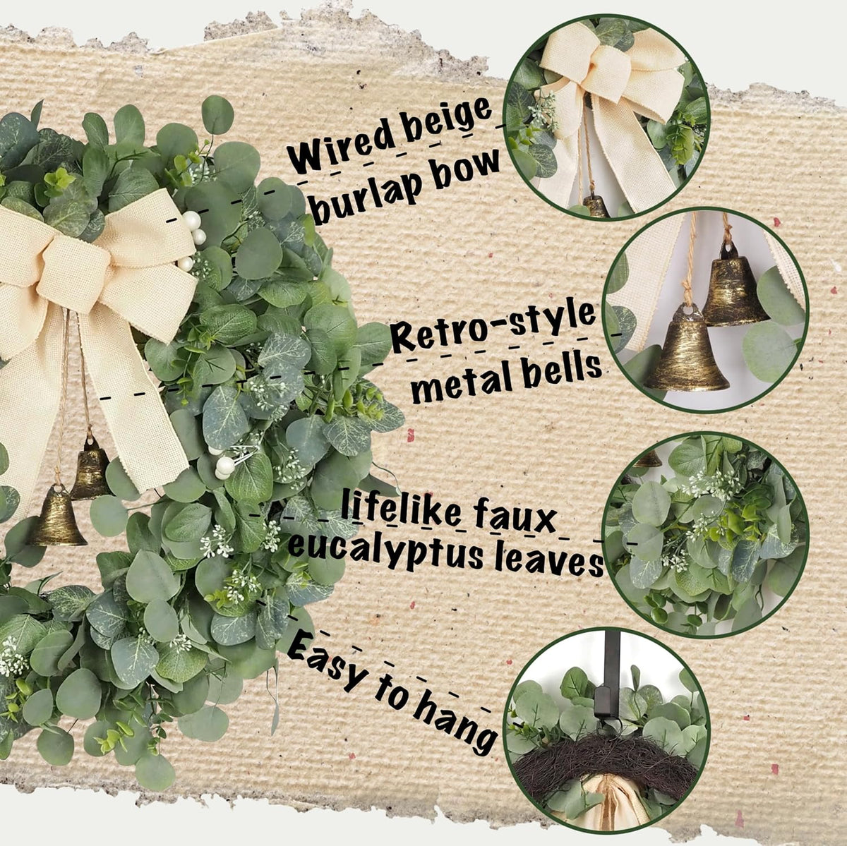 28 inch eucalyptus wreath with bells & bow, close-up detail