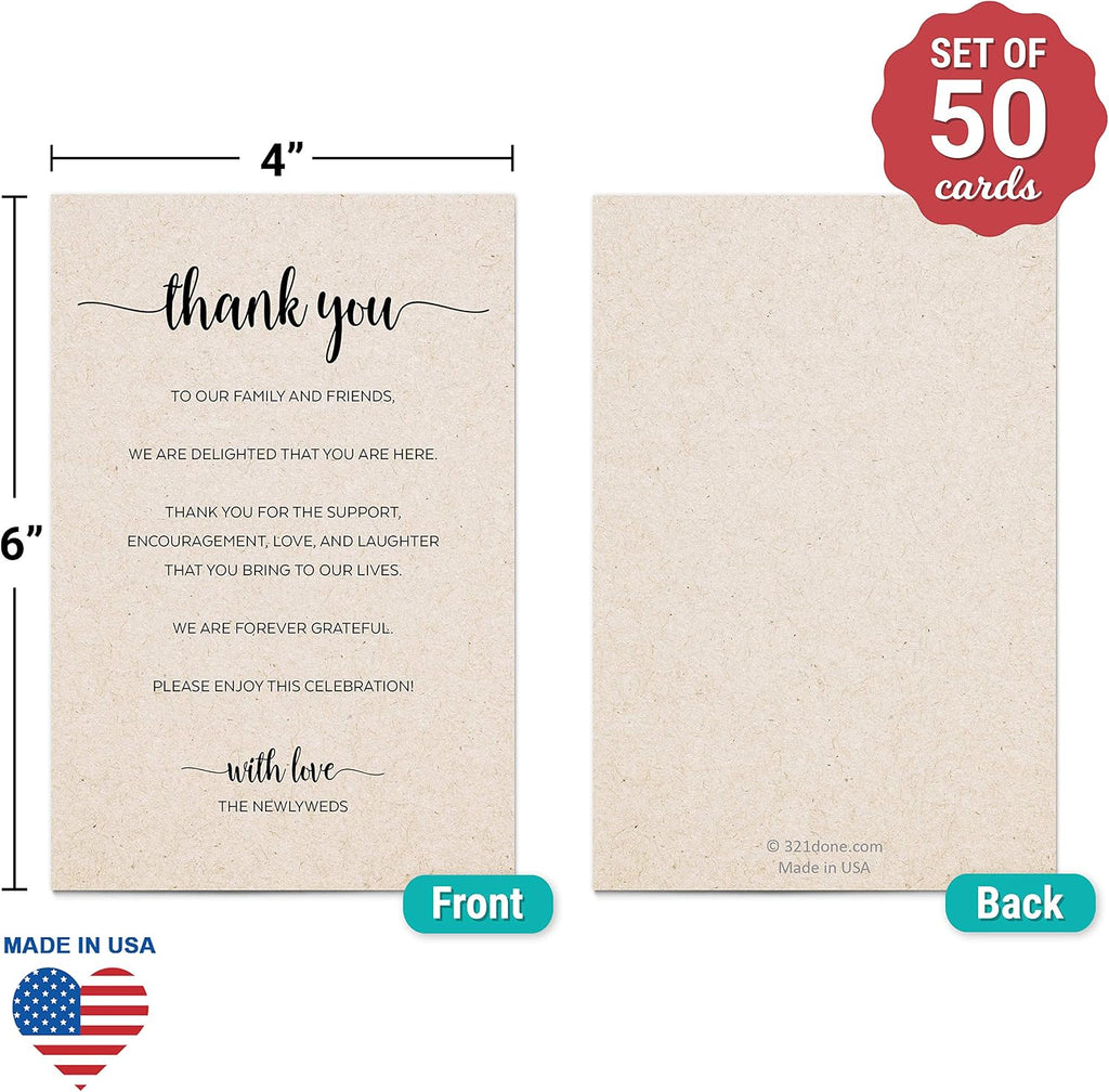 321Done Thank You Place Setting Card for Newlyweds, Thank You for Celebrating with Us, Minimalist Script 4x6 TanTable Placecards for Wedding, Made in USA, 50-Pack