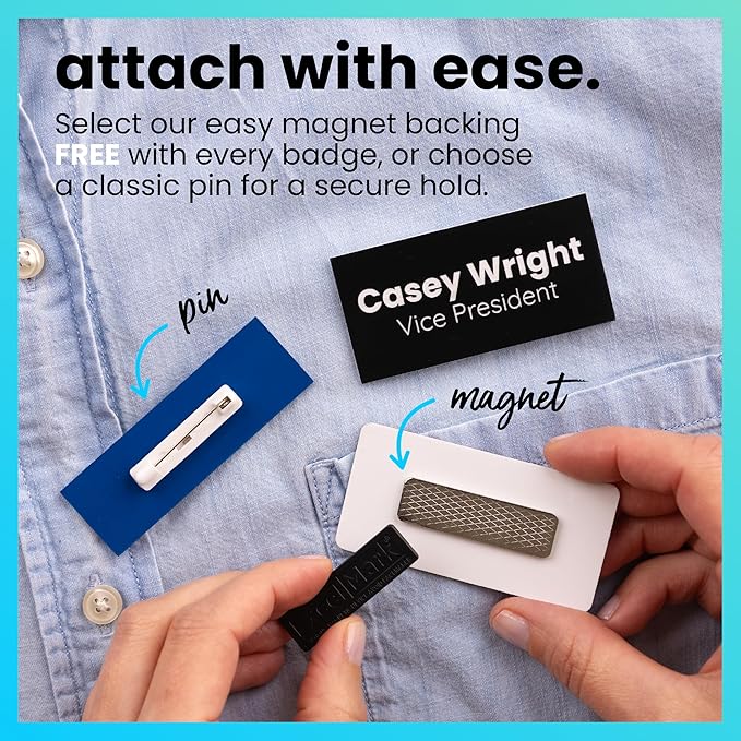 ExcelMark Custom Name Tag - Engraved Name Badge with Pin or Magnetic Backing, 16 Colors, 6 Fonts, and 2 Sizes to Choose from (White w/Pine Green Letters, 1"x 3")